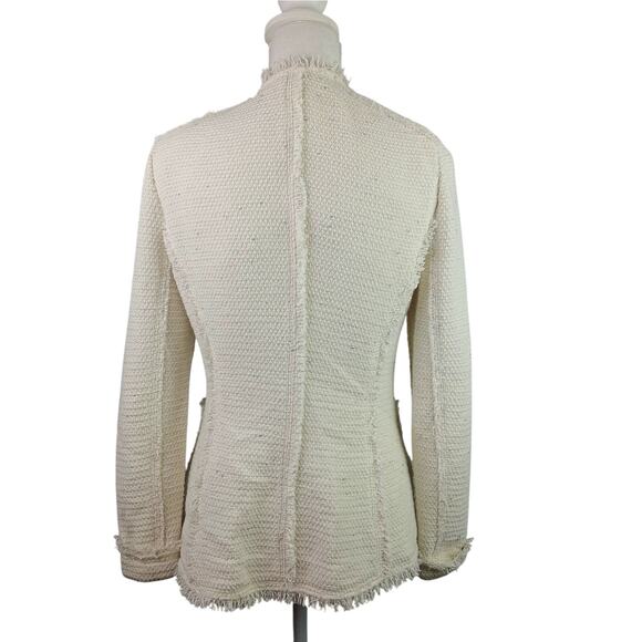 Rebecca Taylor SZ 4 Tweed Open Front Blazer Cream With Fringe Woven Silver NWOT - Picture 4 of 7